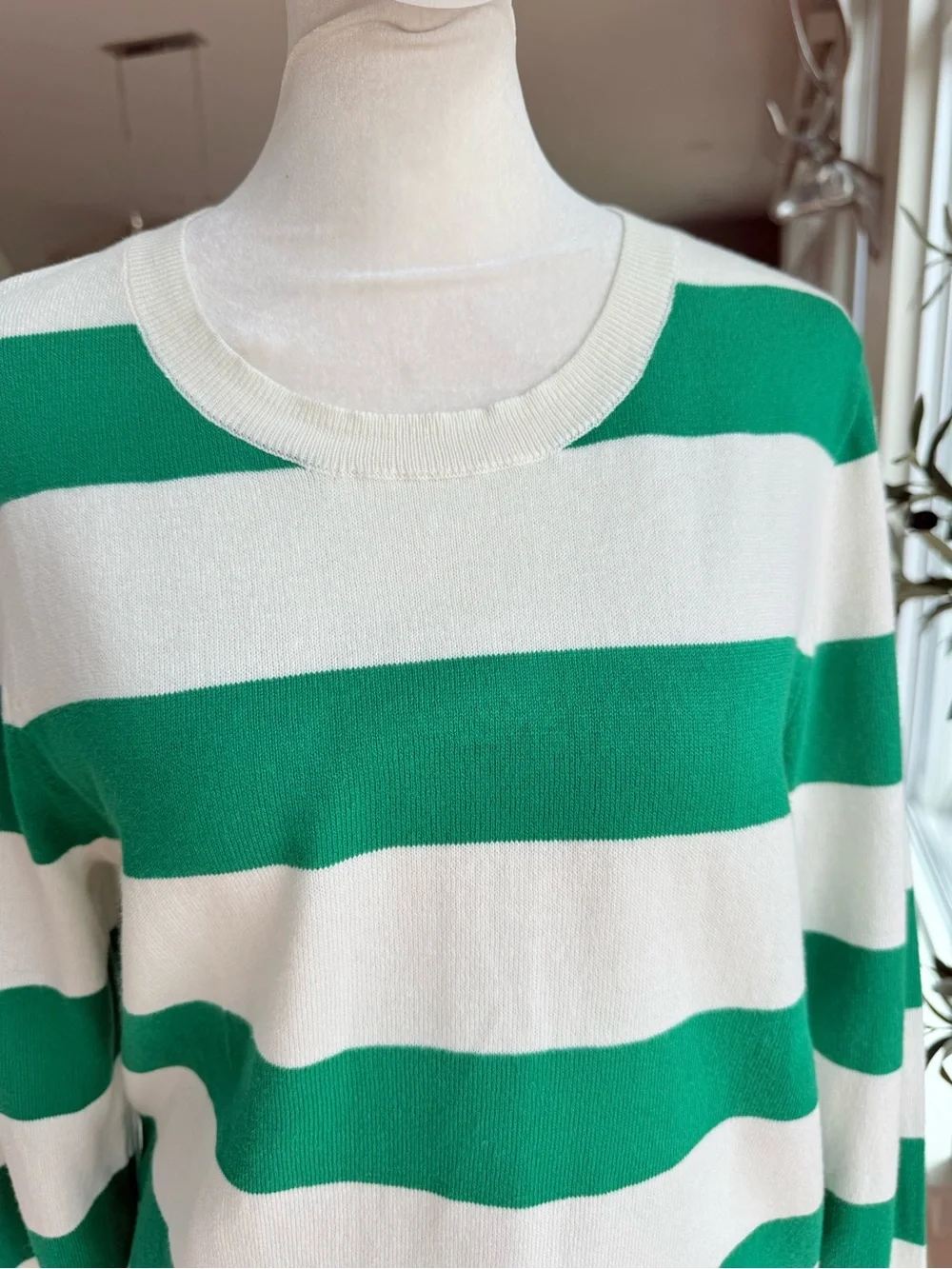 J. Crew Green and White Striped Scoop-Neck Sweater
